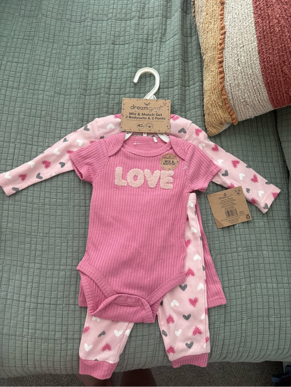 Dreamgirl Pink 'LOVE' Ribbed Bodysuit & Heart Print Pants Set